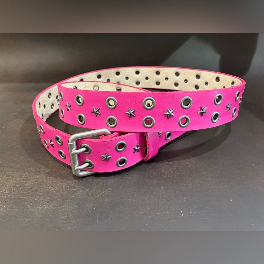 Men’s & Women Full Grain Pink Leather Double Hole Belt Grey Star Studs & Grommet
